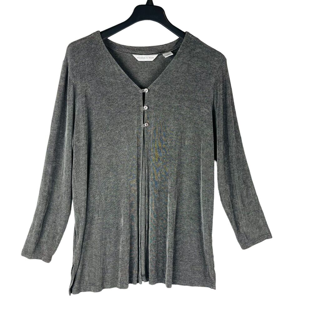 Preston & York Womans Sz XL Topper Cardigan Top Grey 3 Button Blouse Y2K Slinky